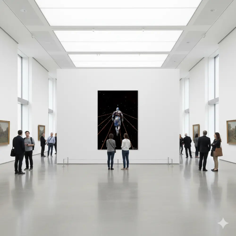 Une œuvre numérique frappante en noir et blanc dépeignant une figure en mouvement sur un fond cosmique étoilé, encadrée et exposée de manière proéminente sur le mur de la galerie.