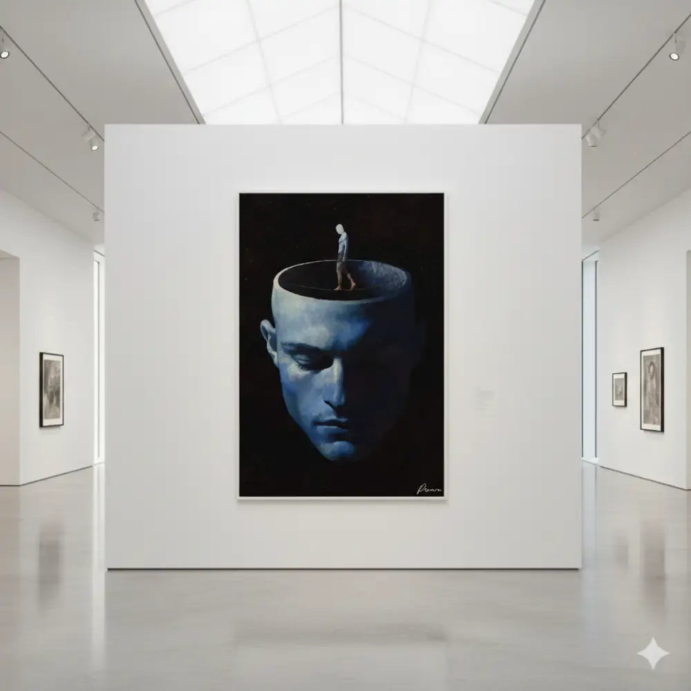 Une peinture à l’huile frappante bleu foncé représentant la tête d’un homme avec une cavité crânienne ouverte, où une petite figure se tient sur le bord.