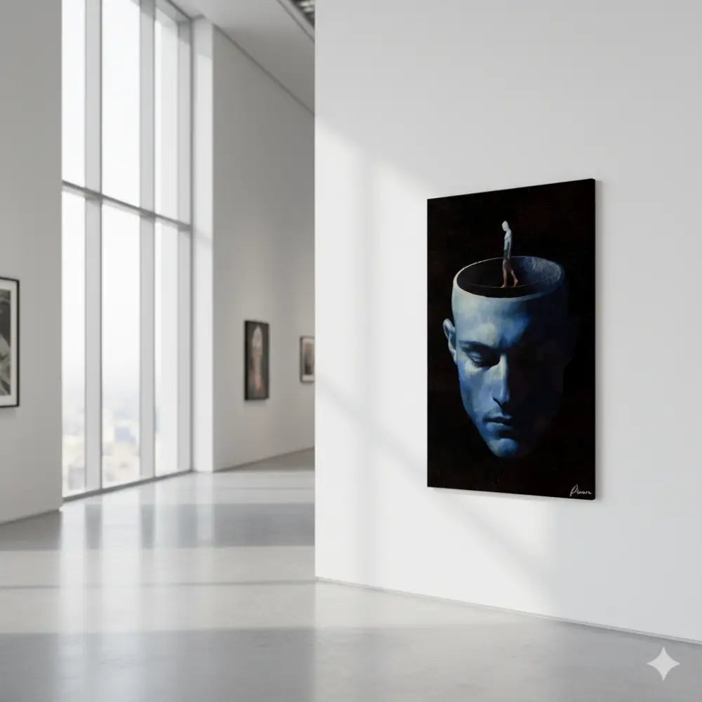 Une peinture sur toile bleu foncé représentant le visage d’un homme avec un sommet ressemblant à un crâne ouvert, présentant une petite figure debout à l’intérieur de l’espace creux.