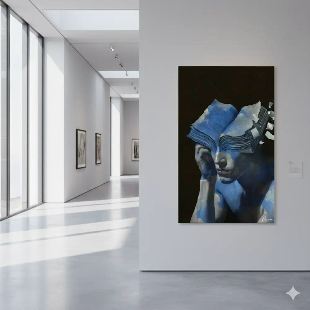 Une peinture abstraite frappante en bleu et blanc représentant une figure avec un livre ouvert couvrant son visage, exposée dans un cadre de galerie moderne.