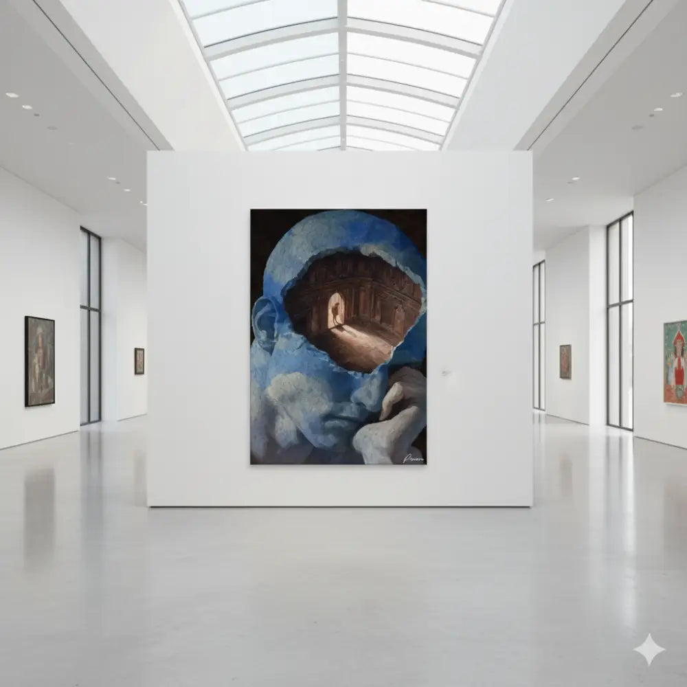 Une peinture à l’huile surréaliste dépeignant une tête humaine aux tons bleus avec un intérieur ouvert et caverneux révélant un couloir architectural ensoleillé.