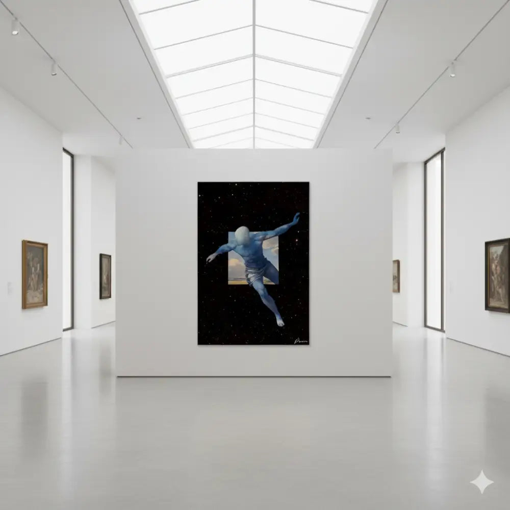 Une figure humanoïde bleue frappante en plein saut, encadrée par un champ d’étoiles cosmique et une porte ouverte vers un paysage ensoleillé.