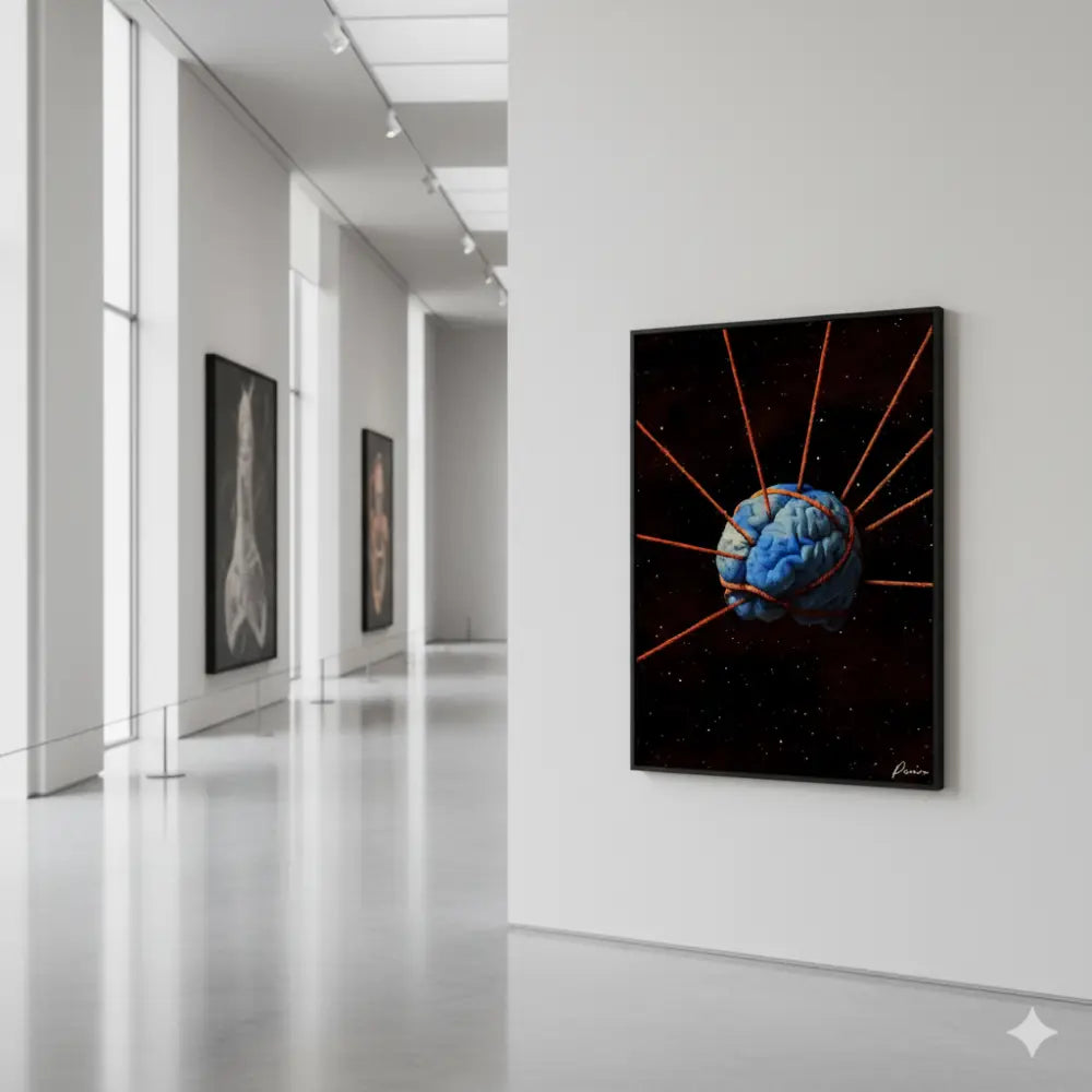 Une œuvre d’art encadrée représentant un cerveau bleu entrelacé de câbles orange sur un fond noir étoilé.
