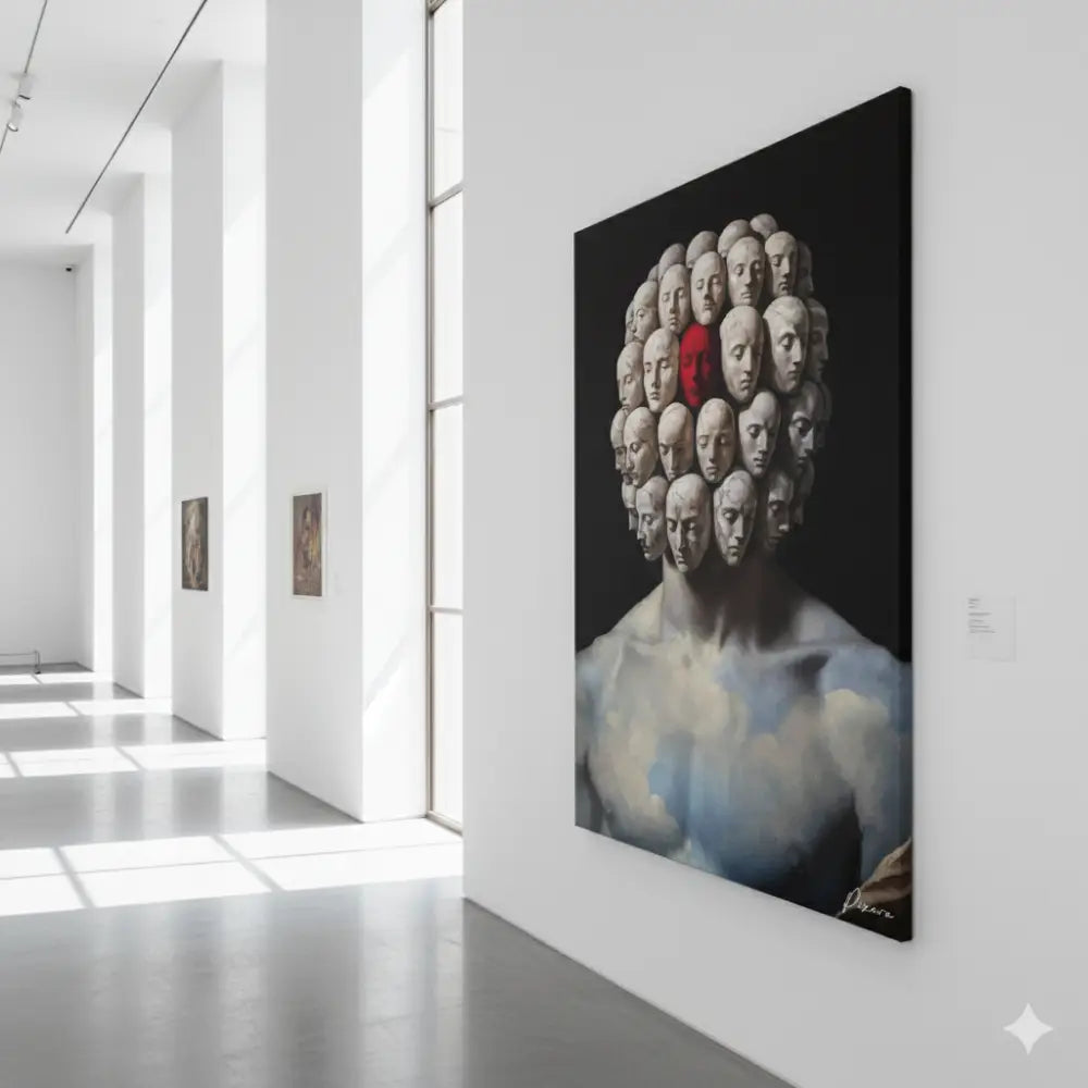 Une peinture à l’huile frappante représentant une figure musclée avec de nombreux visages pâles semblables à des pierres disposés en motif circulaire autour de sa tête, un visage mis en évidence en rouge vif sur un fond sombre.