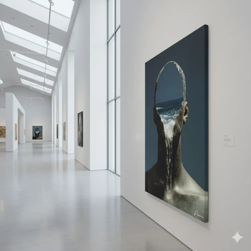 Une impression sur toile frappante mettant en scène un portrait surréaliste d’une figure avec de l’eau cascadant de sa tête, rendue en bleus profonds et tons métalliques sur un fond sombre.