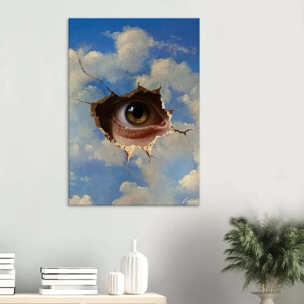 Un œil réaliste avec une iris verte et une sclérotique brune regarde à travers un trou tridimensionnel fissuré dans un ciel peint en bleu rempli de nuages blancs.