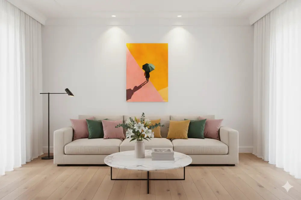 Peinture abstraite vibrante sur toile présentant une silhouette tenant un parapluie contre des formes géométriques audacieuses orange et rose.