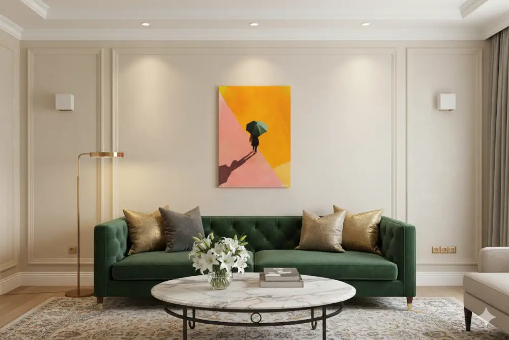 Canapé en velours vert émeraude capitonné avec des coussins accentués d’or et une table basse à dessus en marbre devant.