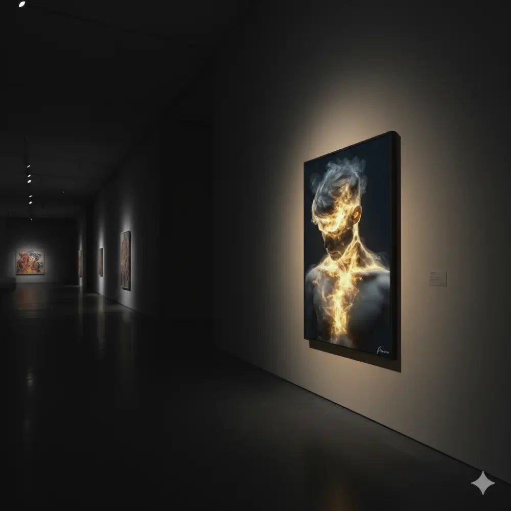 Une œuvre d’art encadrée frappante représentant une figure humaine enveloppée de flammes dorées vibrantes sur un fond sombre, présentée dans un cadre noir élégant.