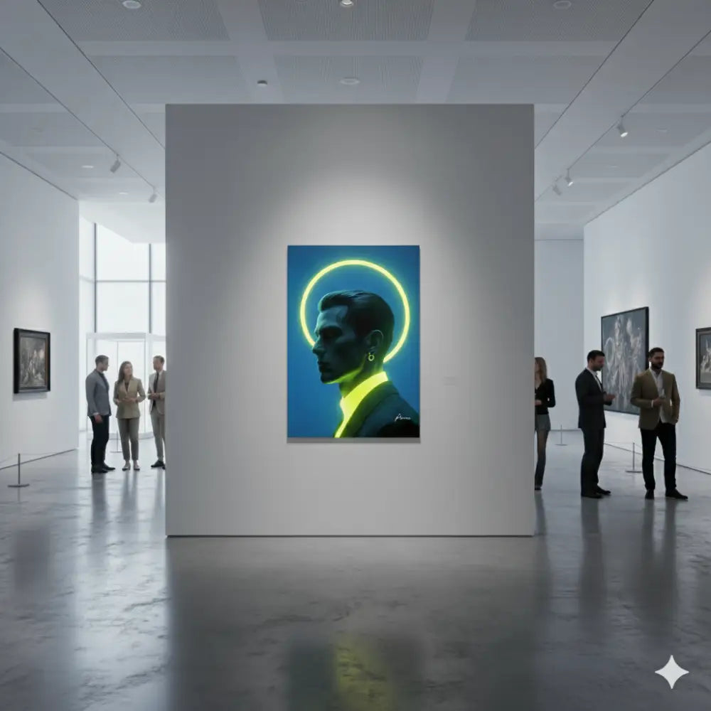 Un portrait saisissant d’un homme de profil, auréolé d’un halo vert néon, rendu sur toile avec une audacieuse artistry numérique sur un fond bleu profond.