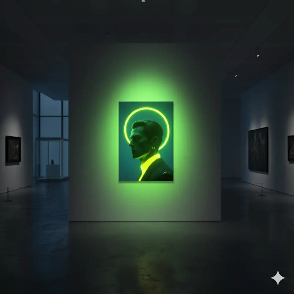 Un portrait luminescent en néon vert d’un homme de profil, encadré par un halo circulaire sur un fond bleu-vert foncé.