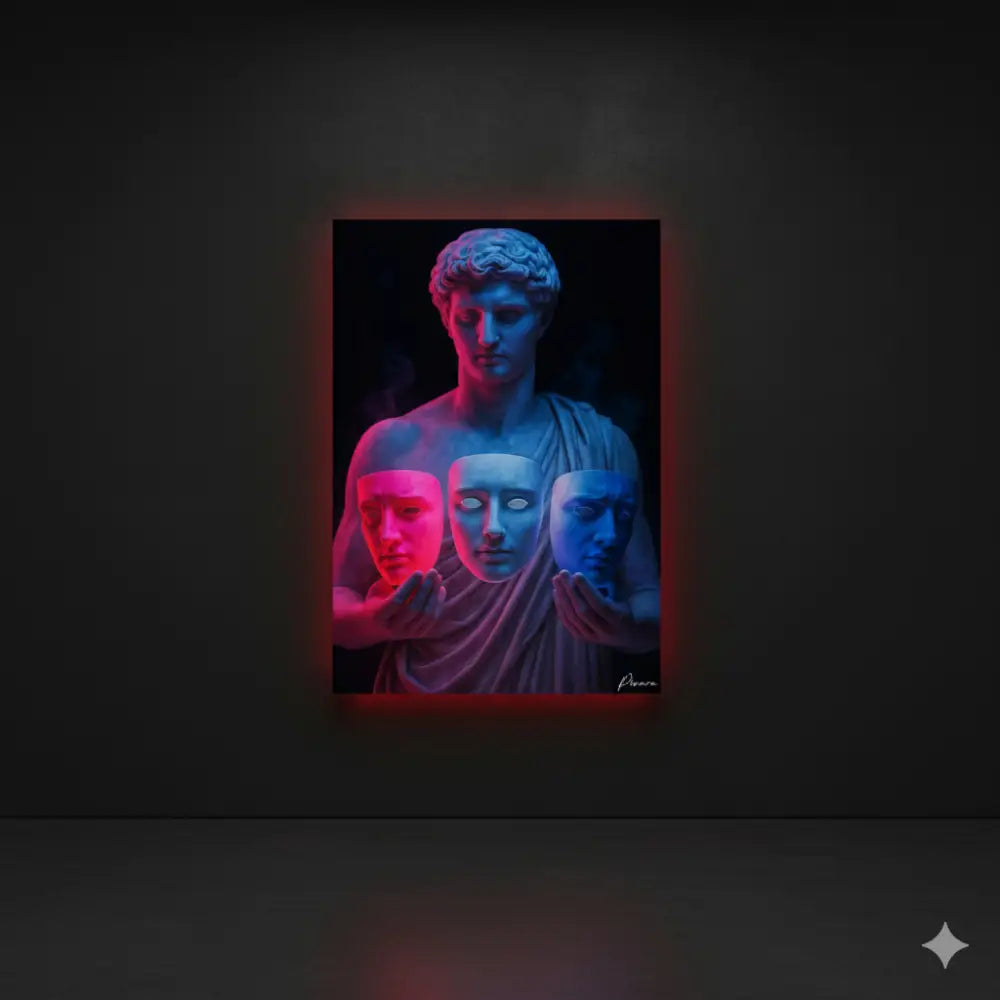 Une œuvre d’art encadrée représentant une statue classique tenant trois masques, illuminée par un éclairage néon rouge et bleu vibrant.