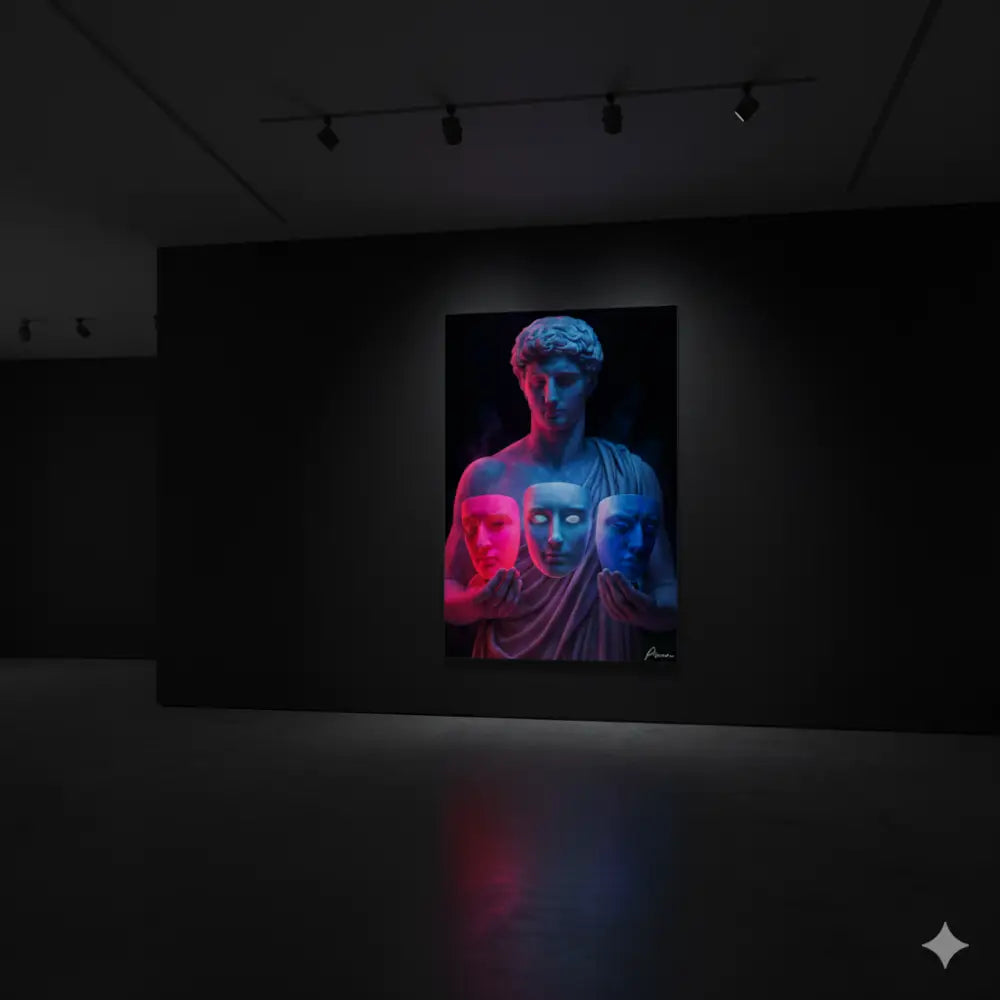Une impression sur toile frappante mettant en scène une statue classique avec trois visages illuminés dans des tons vifs de rose, blanc et bleu.