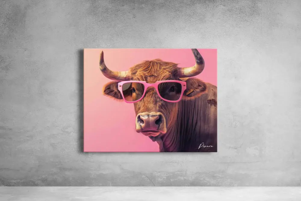 Une impression sur toile représentant un taureau brun aux cornes proéminentes portant des lunettes de soleil rose vif sur un fond rose uni.