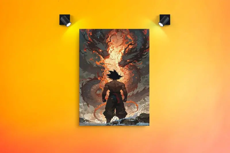 Une affiche d’anime encadrée mettant en scène une figure musclée aux cheveux noirs hérissés se tenant devant une créature semblable à un dragon enflammée aux tons orange et gris foncé.