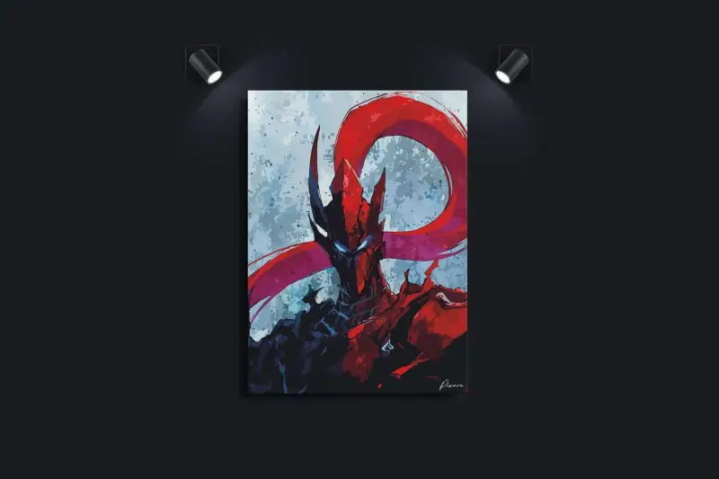 Une peinture frappante d’un personnage de fantasy rouge et noir aux coups de pinceau audacieux, accrochée sur un mur sombre.