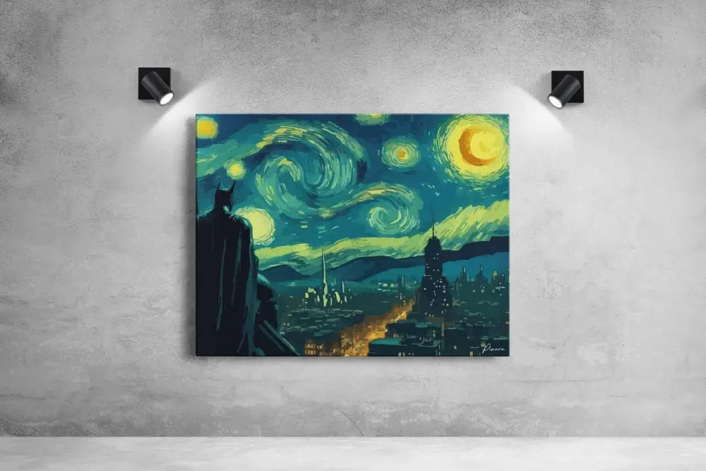 Une impression sur toile stylisée mettant en scène une silhouette de Batman sur fond d’un ciel nocturne tourbillonnant et étoilé aux teintes vibrantes de turquoise et de jaune.