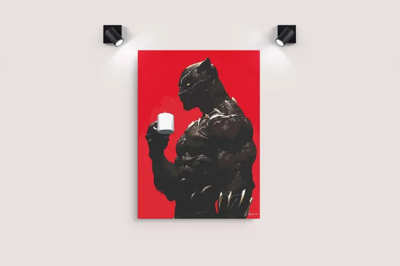 Œuvre d’art en silhouette de panthère noire sur une toile rouge vibrante, présentant un contraste audacieux noir et blanc avec une texture subtile.