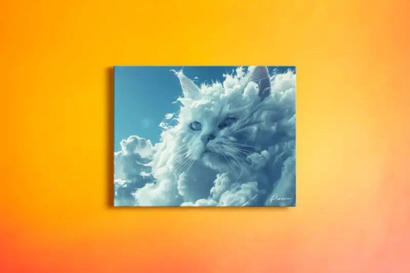 Un tirage sur toile rectangulaire mettant en scène un chat blanc duveteux émergeant de nuages stylisés sur un ciel bleu éclatant.