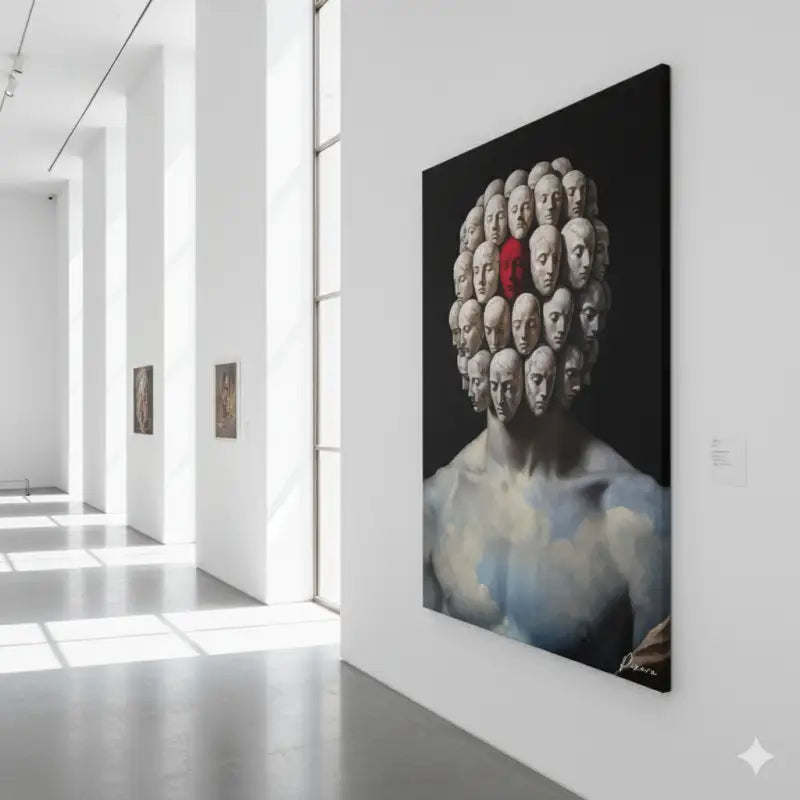 Une peinture à l’huile frappante représentant une figure musclée avec de nombreux visages pâles semblables à des pierres disposés en motif circulaire autour de sa tête, un visage mis en évidence en rouge vif sur un fond sombre.