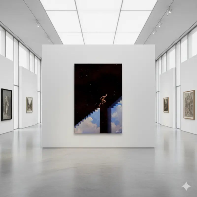 Une peinture sur toile surréaliste représentant une figure montant des escaliers pixélisés qui s’élèvent des nuages vers un ciel nocturne étoilé.