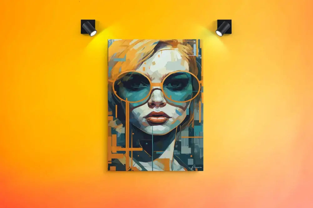 Une toile d’art numérique vibrante présentant un portrait stylisé d’une femme aux cheveux blonds, portant des lunettes de soleil teal surdimensionnées et un arrière-plan à motif géométrique.