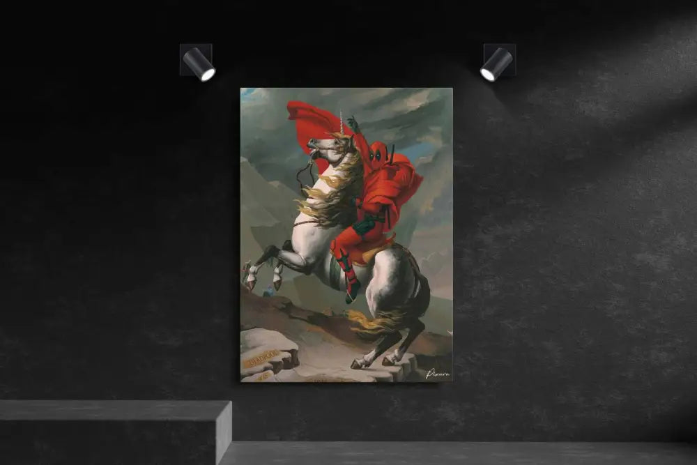 Un chevalier vêtu de rouge vibrant monté sur un cheval blanc, représenté dans un style de peinture à l’huile avec un mouvement dramatique et une touche classique.