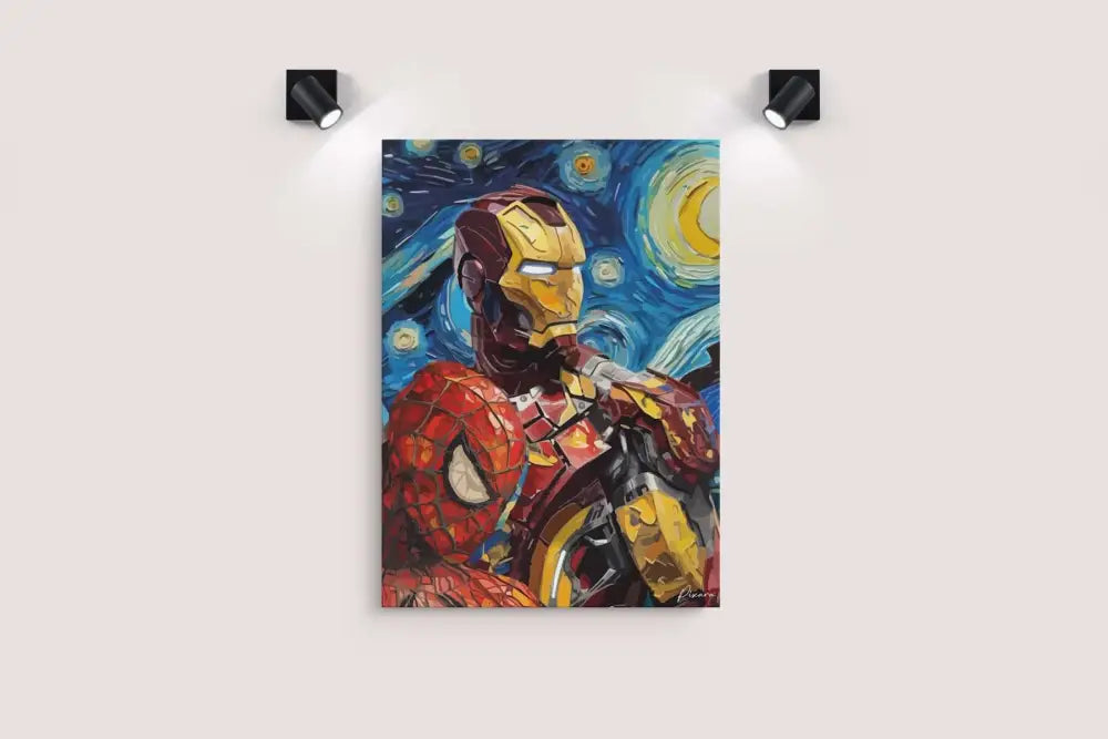 Œuvre d’art d’Iron Man et Spider-Man dans un style de peinture stylisé et texturé avec des ors, rouges et bleus vibrants sur fond d’un ciel nocturne étoilé tourbillonnant rappelant le « Nuit étoilée » de Van Gogh.