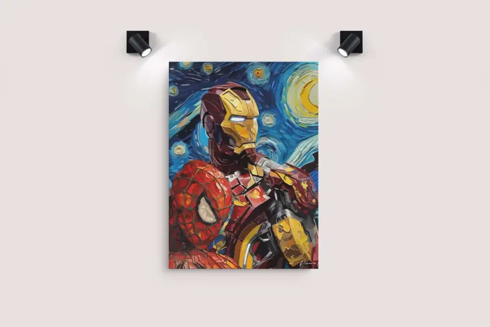 Œuvre d’art d’Iron Man et Spider-Man dans un style de peinture stylisé et texturé avec des ors, rouges et bleus vibrants sur fond d’un ciel nocturne étoilé tourbillonnant rappelant le « Nuit étoilée » de Van Gogh.