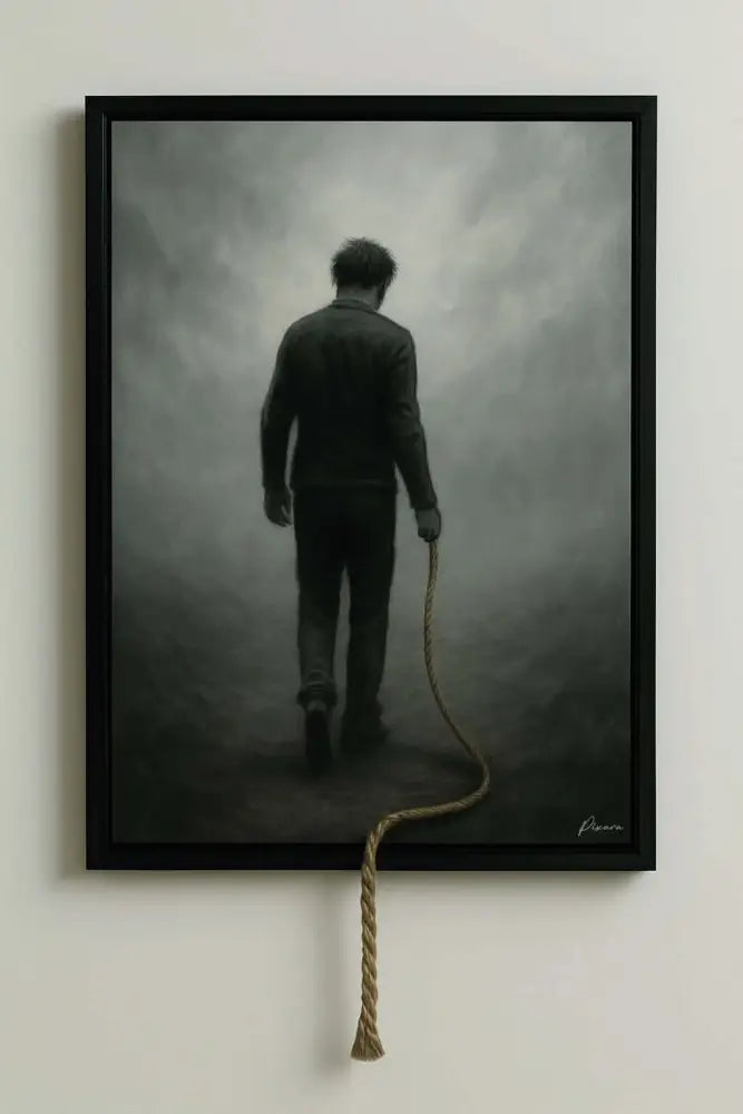 Œuvre d’art encadrée de noir représentant un homme vêtu de vêtements sombres s’éloignant dans le brouillard, avec une corde tressée épaisse s’étendant du bas de la toile et se terminant par un bout frangé.