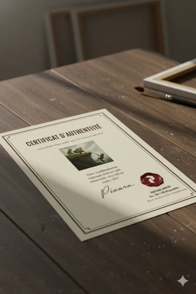 Certificat de couleur crème avec du texte noir et un sceau de cire rouge, présentant une illustration de trois figures sur un bateau.