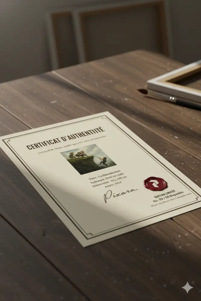 Certificat de couleur crème avec du texte noir et un sceau de cire rouge, présentant une illustration de trois figures sur un bateau.