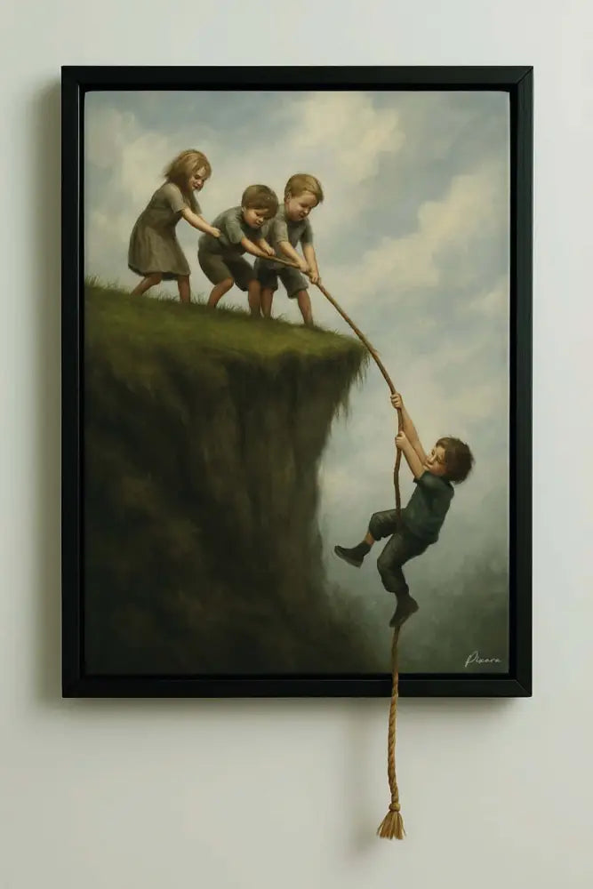 Un tableau encadré représentant quatre enfants tirant sur une corde qui s’étend vers le bas, avec un enfant suspendu à celle-ci comme s’il était en plein air.