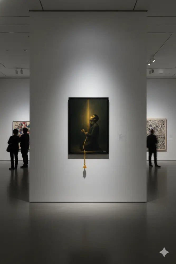 Une œuvre d’art encadrée représentant une figure en tenue sombre agenouillée et tendant les mains vers le haut, illuminée par un faisceau de lumière dorée vertical qui s’étend vers le bas comme s’il était suspendu du plafond.