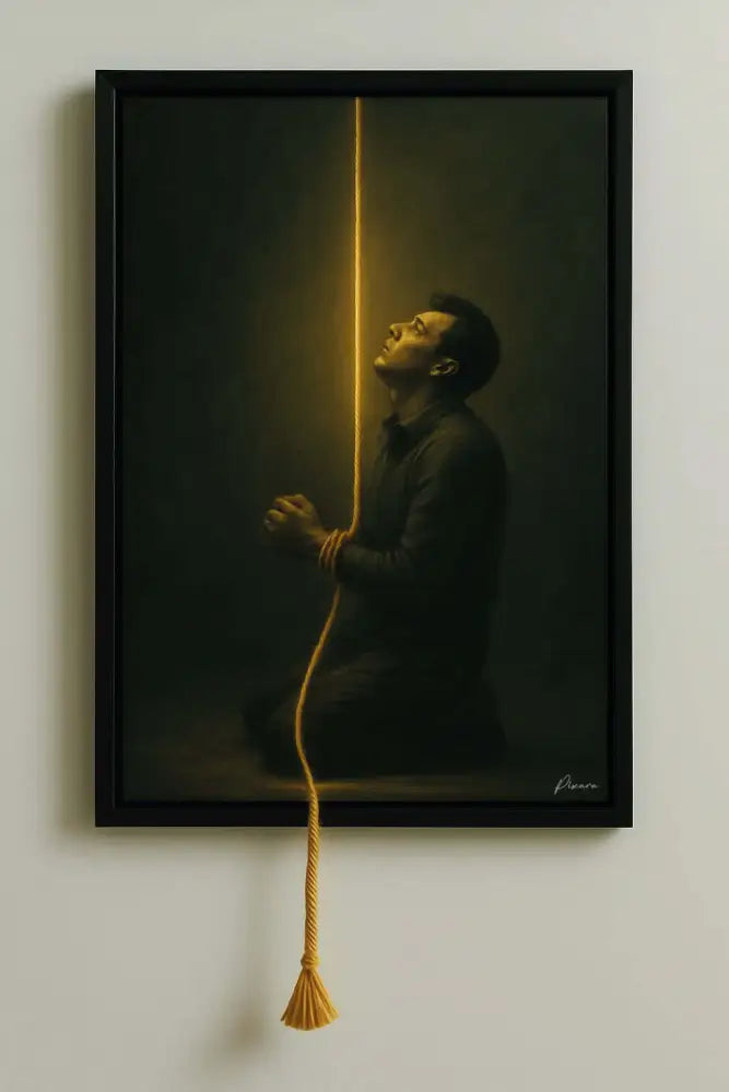Une peinture encadrée représentant un homme vêtu de vêtements sombres à genoux et regardant vers le haut, avec une corde dorée s’étendant verticalement de ses mains jusqu’au bas du cadre où elle se termine en gland.