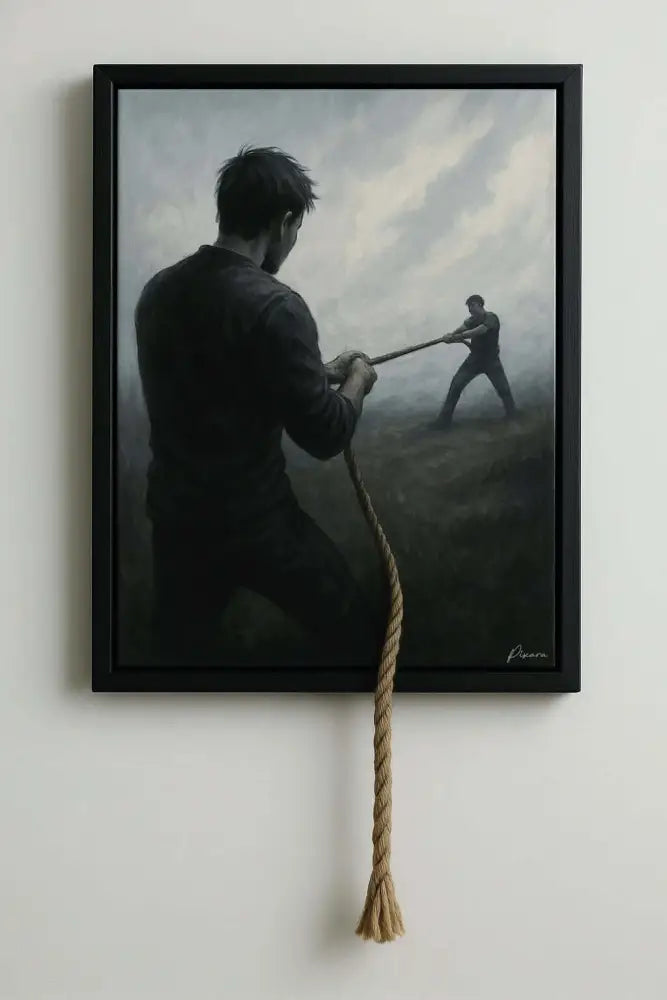 Un tableau encadré représentant deux figures dans un tir à la corde, avec la corde s’étendant de la toile et se terminant par un gland en fibre naturelle.