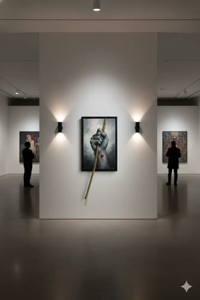 Un tableau frappant à cadre noir représentant une main détaillée et texturée serrant une corde épaisse avec une couture rouge visible.