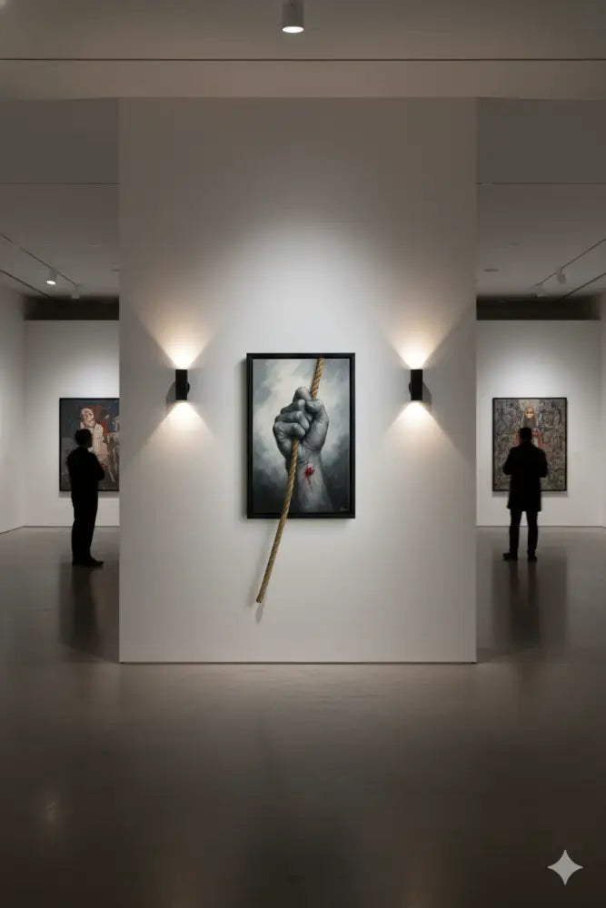 Un tableau frappant à cadre noir représentant une main détaillée et texturée serrant une corde épaisse avec une couture rouge visible.