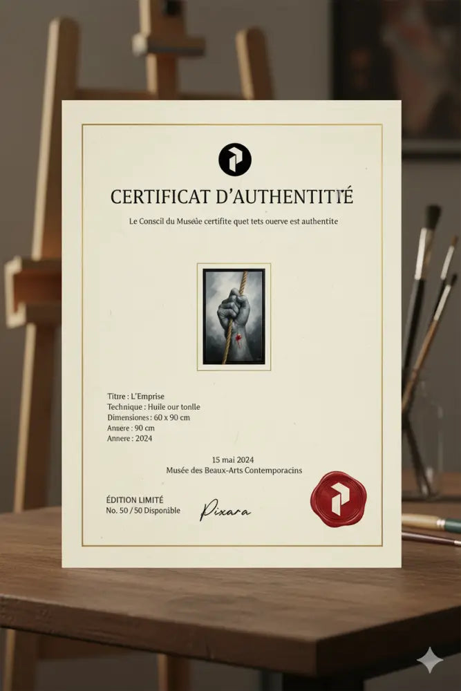Certificat d’authenticité de couleur crème avec une illustration en noir et blanc d’une main serrant une corde, orné de bordures en feuille d’or et d’un sceau de cire rouge.