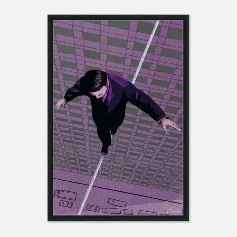 Œuvre d’art encadrée représentant un homme vêtu de vêtements sombres en équilibre sur un fil tendu, sur un arrière-plan de grille stylisée violette et verte.