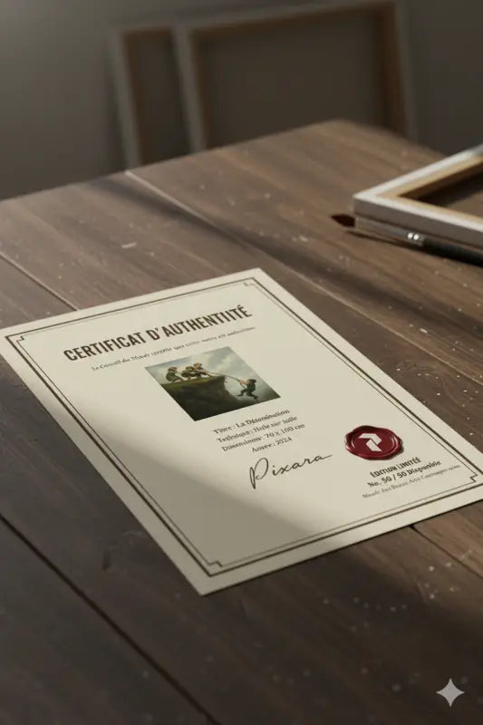 Certificat de couleur crème avec du texte noir et un sceau de cire rouge, présentant une illustration de trois figures sur un bateau.