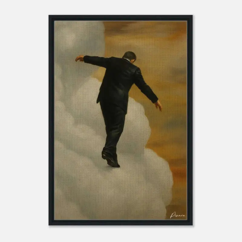 Homme vêtu d’un costume noir marchant sur des nuages dans une peinture encadrée.