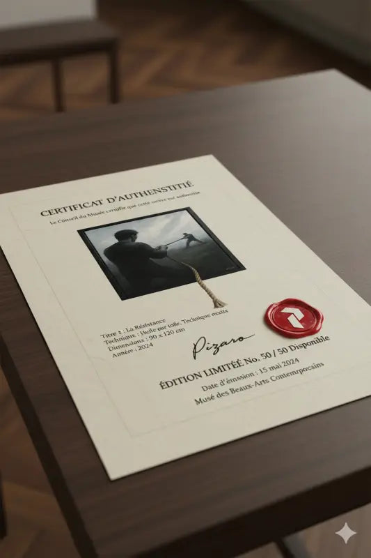 Certificat blanc avec texte noir et un sceau de cire rouge, comportant une image d’un homme tenant une corde.