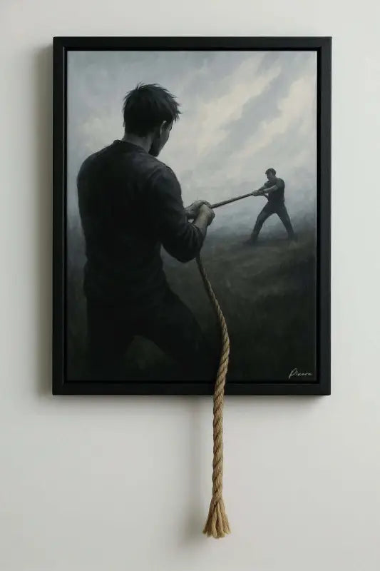 Un tableau encadré représentant deux figures dans un tir à la corde, avec la corde s’étendant de la toile et se terminant par un gland en fibre naturelle.