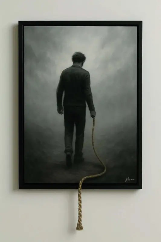 Œuvre d’art encadrée de noir représentant un homme vêtu de vêtements sombres s’éloignant dans le brouillard, avec une corde tressée épaisse s’étendant du bas de la toile et se terminant par un bout frangé.