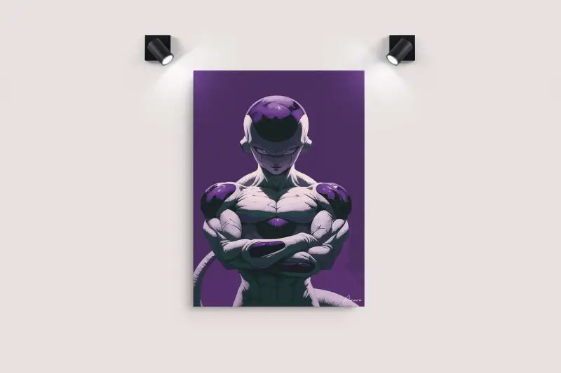 Toile illustrée violette et blanche mettant en scène le personnage Freezer de Dragon Ball Z, exposée sur un mur avec deux projecteurs noirs.