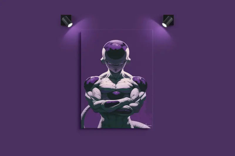 Affiche de personnage d’anime violet et blanc mettant en scène une silhouette musclée avec des accents violets luminescents sur la tête, les épaules et la poitrine.