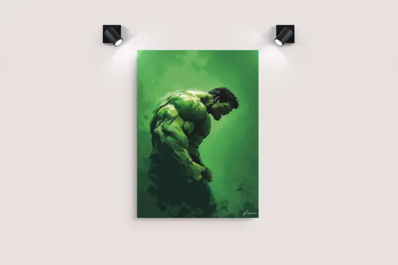 Œuvre d’art du Hulk vert sur toile, présentant une figure musclée dans une pose dynamique sur un fond dégradé vert.