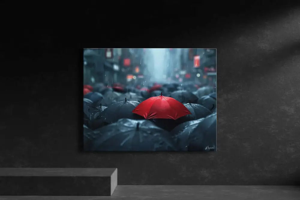 Un parapluie rouge vibrant se distingue au milieu d’une mer de parapluies sombres et mouillés dans une scène de pluie urbaine.