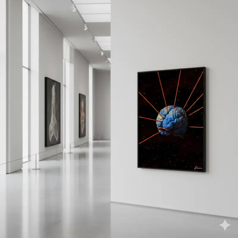 Une œuvre d’art encadrée représentant un cerveau bleu entrelacé de câbles orange sur un fond noir étoilé.